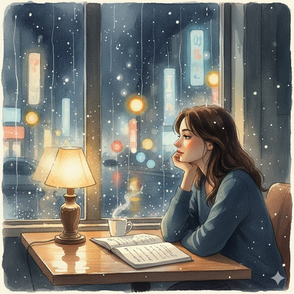 雨の夜、窓際のカフェで外を見つめながらノートに思いを綴る女性。滲む街灯の光と温かな室内の雰囲気が、大人の恋愛と揺れる心情を静かに表現したノスタルジックなイラスト。