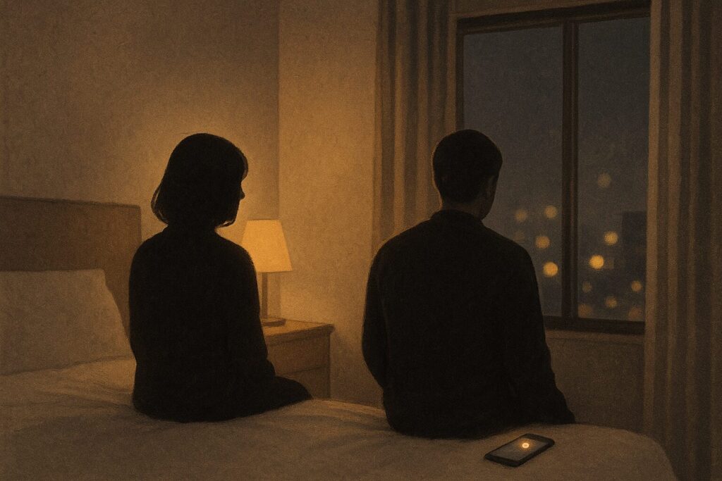 夜のホテルの窓辺で、街の明かりを見下ろしながら物思いにふける女性の後ろ姿。切なさと孤独を抱えた関係の揺れ動く心情を象徴する情景。