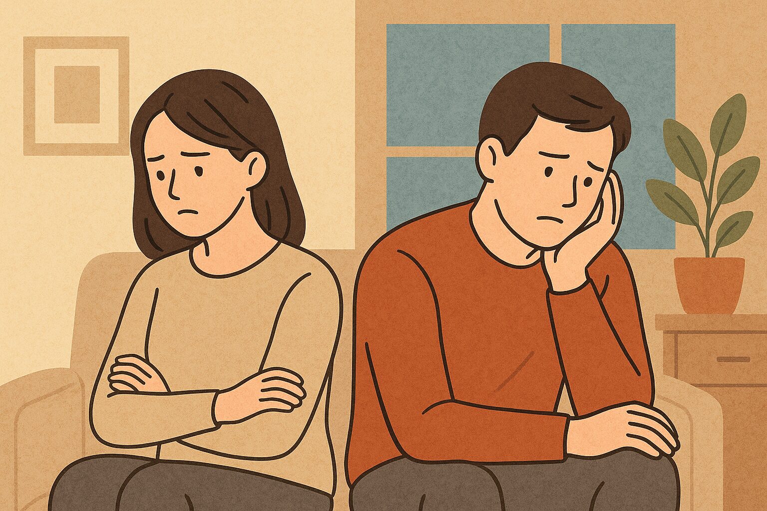 夫婦が抱えるストレスが家庭生活に与える影響を示すイラスト。夫婦それぞれのストレスが家庭環境や感情に及ぼす3つの主な影響を分かりやすく可視化。