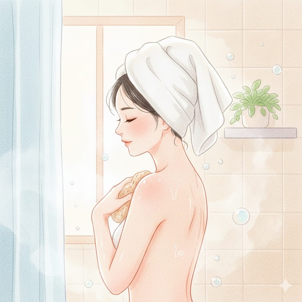 浴室で優しく体を洗う女性。髪をタオルでまとめ、背中や腕を丁寧に洗いながらリラックスしている様子。柔らかい光と湯気に包まれた清潔感のある雰囲気。
