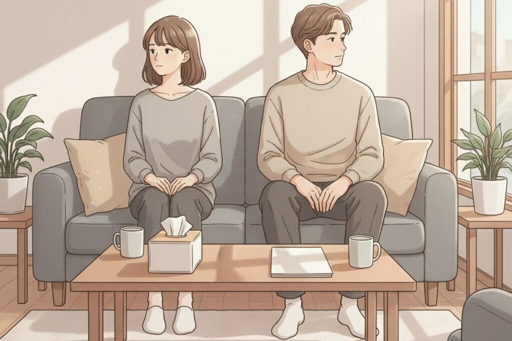 家に帰っても心が休まらない夫婦の様子を表現したイラスト。仕事の疲れやストレスが家庭に影響し、気まずさが生まれているシーン。