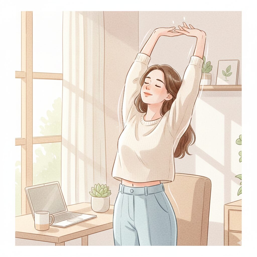 オフィスや自宅で作業中の女性が、デスクのそばで背伸びをして血流を促している。健康的でリラックスした表情を見せ、カジュアルな服装で動きやすい姿勢。柔らかい自然光が差し込む落ち着いた室内。