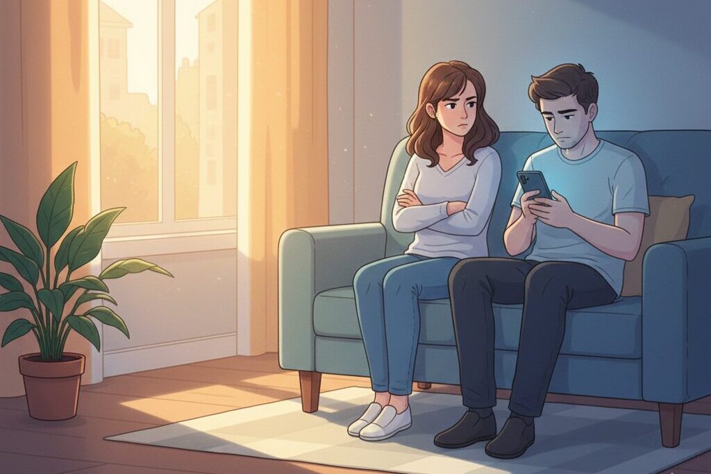 イラスト風。部屋の片側は暖かい光で満たされているのに、夫婦が座る周囲だけ温度が下がったようなブルーがかっている。安心できる空間が徐々に気を使う場所に変わる“温度差”を視覚化したイメージ。