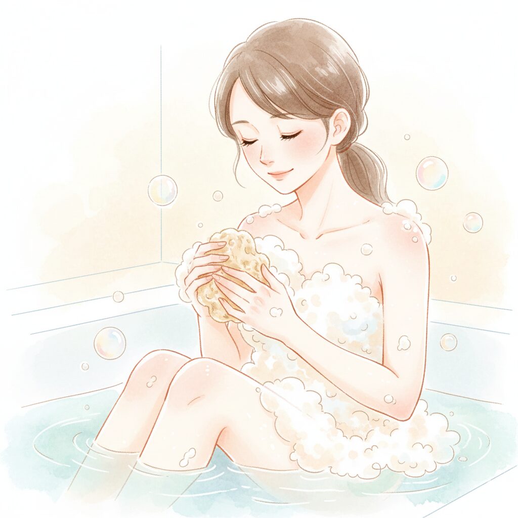 浴槽に浸かる女性が、泡立てた泡とスポンジで体を優しく洗っているイラスト。柔らかい光と透明感のある水面で、リラックスした清潔感のある雰囲気を表現。