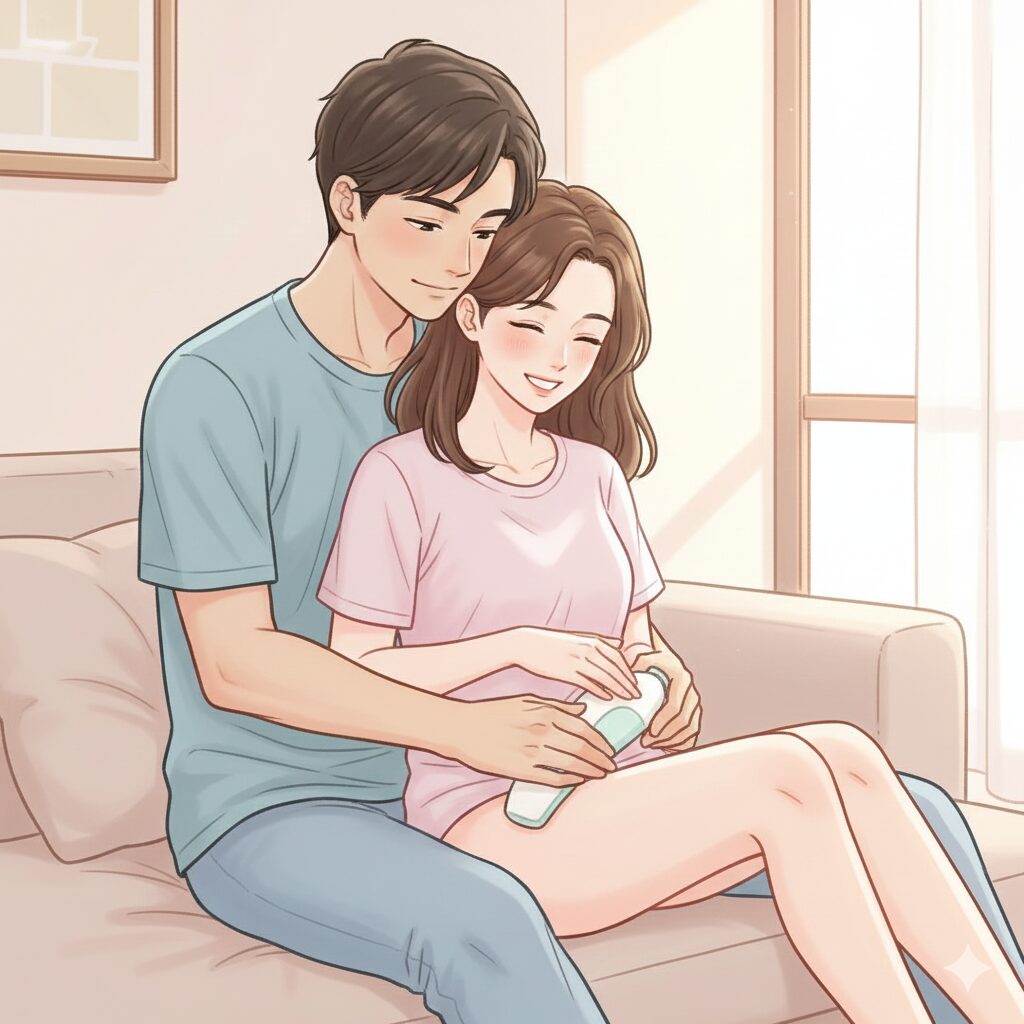 部屋着の男女。男性が後ろから女性を優しく抱きしめ、女性はボディケアをしてリラックスした表情。二人とも穏やかで親密な雰囲気。室内は温かい自然光に包まれている