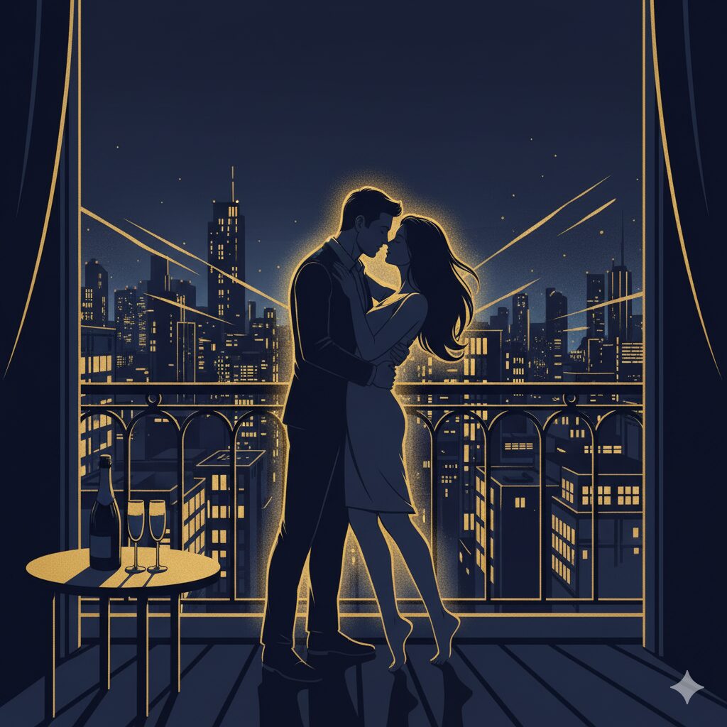 都会の夜景を背景に、バルコニーでグラスを持つ男女の後ろ姿と、手前に立つもう一組のシルエット。誰が誰を見ているのか曖昧な構図で、スワッピングという関係性の複雑さを表現した上品なイラスト。