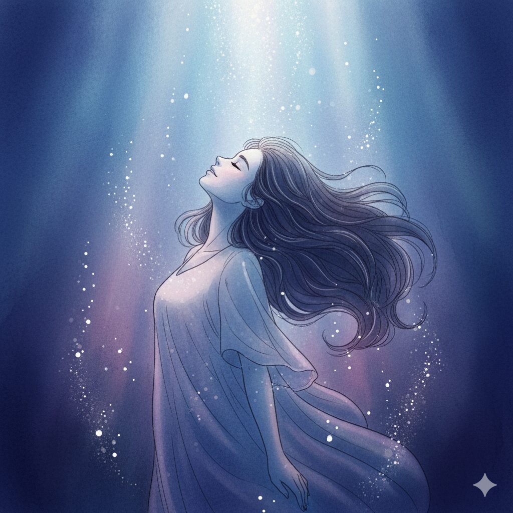 水面のような光の反射を背景に、目を閉じて穏やかに微笑む女性のイラスト。ペールブルーとライラックの淡い波紋が広がり、内面の静けさと再生を感じさせる幻想的な構図。