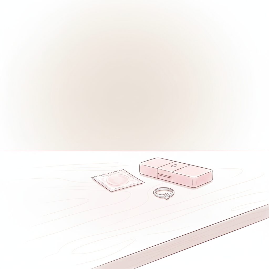 自分に合う避妊方法を考える女性。無理なく続けられる避妊を選ぶ姿を描いたイラスト