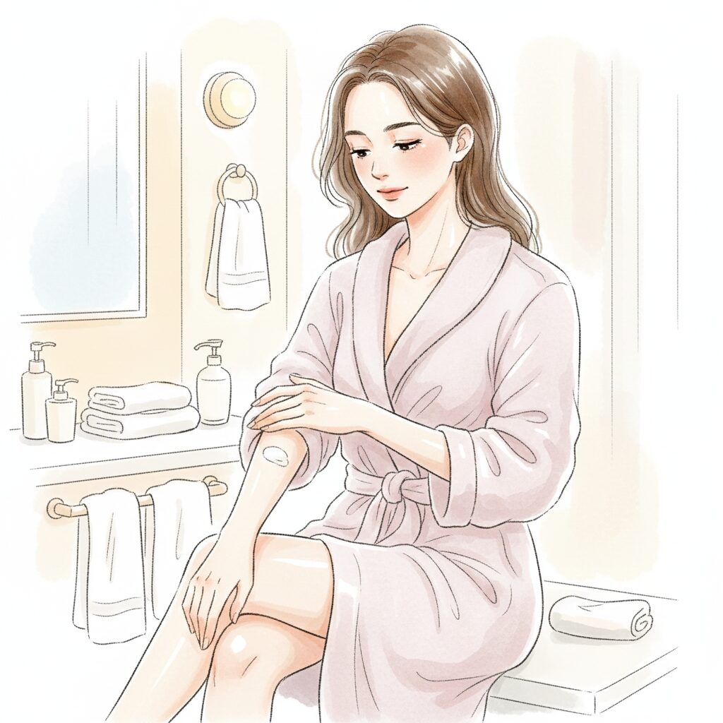 入浴後の女性が柔らかいバスローブを羽織り、腕や脚にボディクリームを塗って肌をケアしている様子。温かみのある光に包まれ、リラックスした表情で、自分の体を大切にする時間を過ごしている。