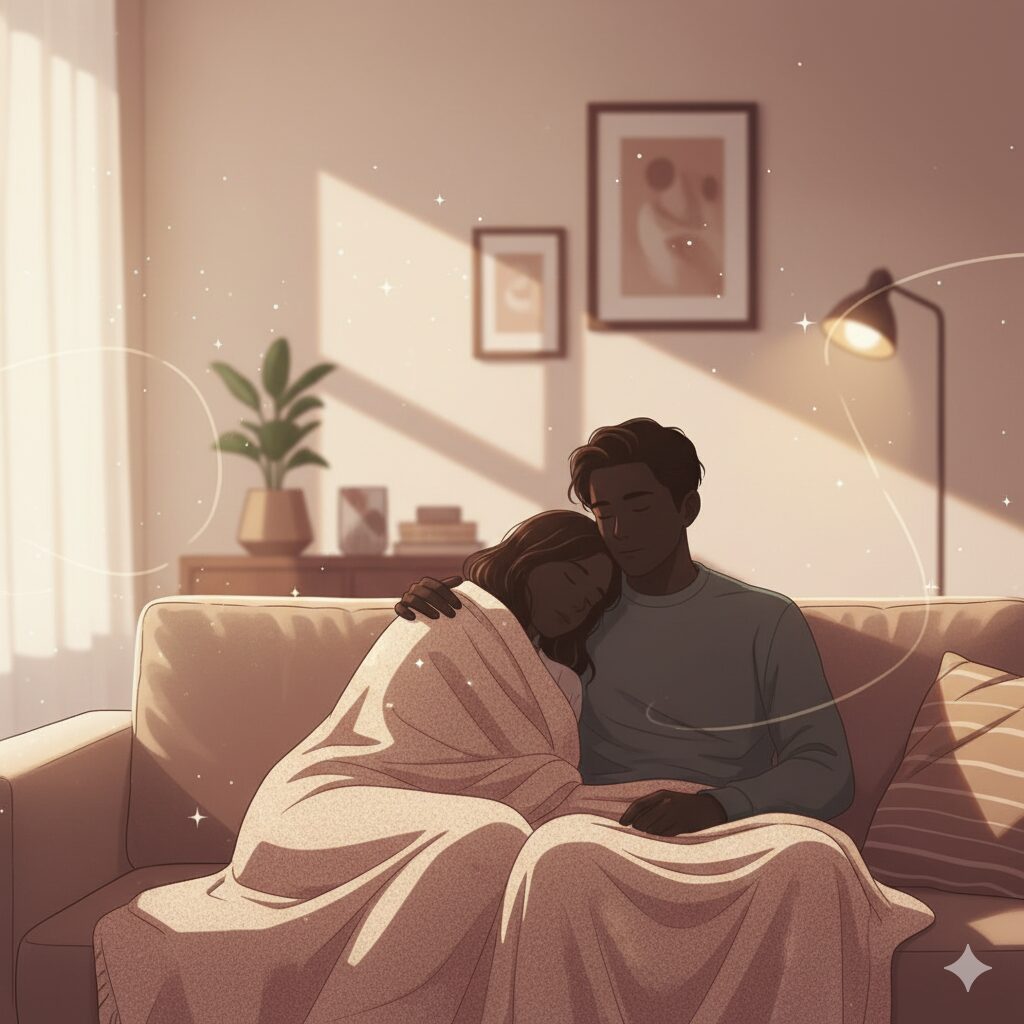 夜の車内で見つめ合う男女のシルエット。ネイビーとアンバーの光に包まれたロマンチックな空間が、セックスのスリルと安心を象徴している。